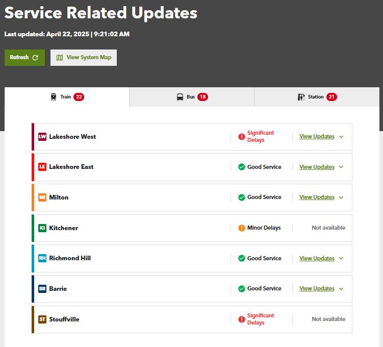 On April 23, we’re updating our website to make it easier to find important service information. Our new Service Related Updates will have all service and construction updates together in one convenient place. Learn more gotransit.com/en/travelling-…