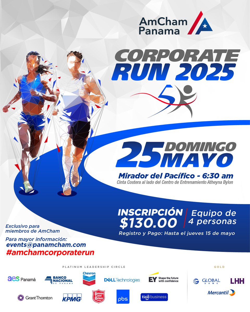 panamcham's tweet image. Estimadas Empresas Miembro: AmCham Panamá les invita a participar en el Corporate Run el 25 de mayo, en la Cinta Costera, desde las 6:30 am, partiendo a lado del Centro de Entrenamiento Atheyna Bylon.
Registro y pago hasta el 15 de mayo bit.ly/3YGi1aK
#AmChamPanama
