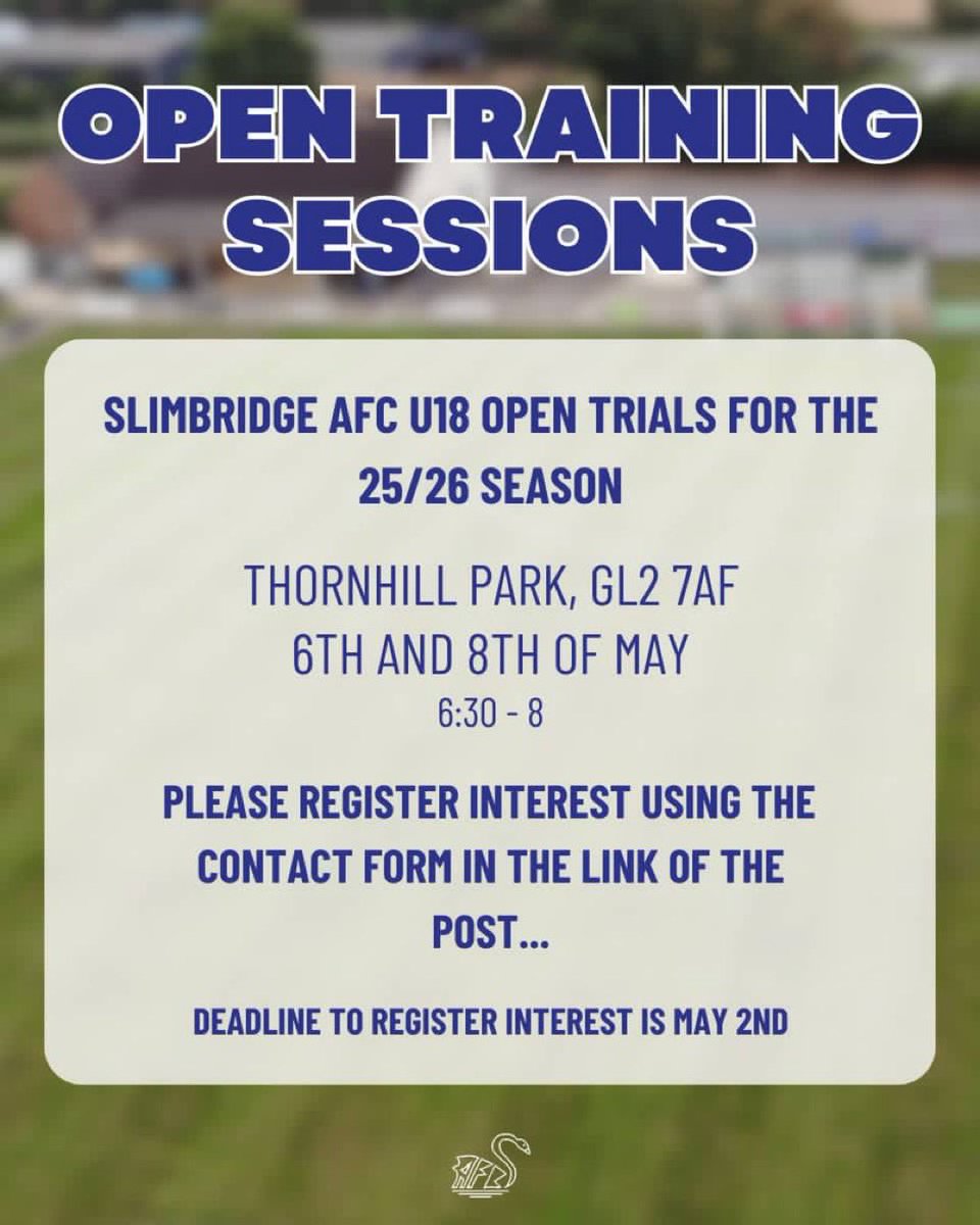Another reminder of the Slimbridge 18s upcoming open training sessions ahead of the new season. 

Register your interest here:

docs.google.com/forms/d/e/1FAI…

#glos #glosfootball #slimbridge