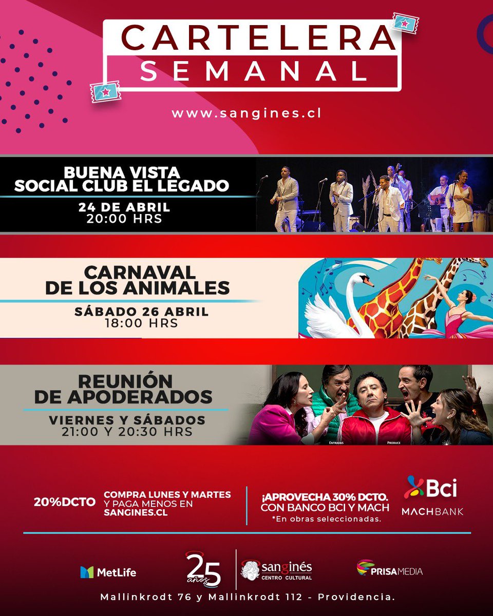 😍¡Prepárate para lo mejor esta semana!
🎟️ticketmaster.cl 

🔸Buena Vista Social Club
🗓️Jueves 24 a la 20:00 horas 
🔸”Reunión de Apoderados” 
🗓️viernes 25 a las 21:00 horas
Sábado 26 a las 20:30 horas 
🔸El carnaval de los animales 
🗓️sábado 26 de abril a las 18:00 horas