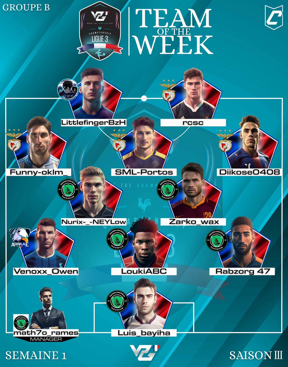 • VPG France

👤 Équipe de la semaine | TOTW
🏆 Ligue 3 A &amp; B
🗓️ Semaine 1

Félicitations aux nominés !