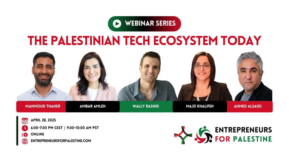 Join our next webinar to learn more about today's Palestinian tech ecosystem with <a href="/wallyrashid/">Wally Rashid</a> and <a href="/mathaher/">Mahmoud A. Thaher</a>. Registration link: us06web.zoom.us/webinar/regist…
