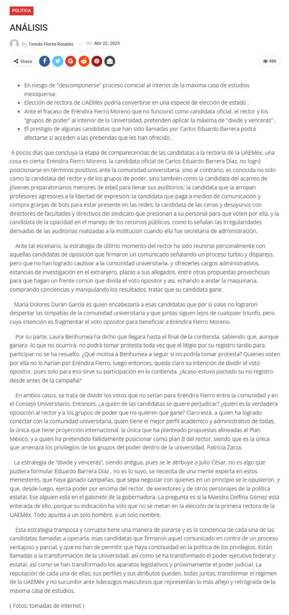 ANÁLISIS por <a href="/TomasFloresR10/">Tomás Flores R</a> newsedomex.com/analisis-290/ 
-En riesgo de “descomponerse” proceso comicial al interior de la máxima casa de estudios mexiquense.
-Elección de rectora de UAEMéx podría convertirse en una especie de elección de estado .
-Ante el fracaso de Eréndira Fierro