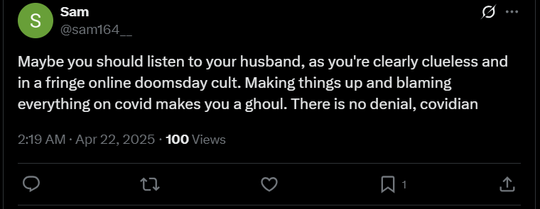 sam165_'s tweet photo. @SuzanneHuse You do realize that people don't live forever, right? That old people got strokes pre-covid too? You are indeed a rabid ghoul. You doomsday cultists are no different from anti-vaxxers. Blocking does not change the facts you coward. It is not denial. You're mentally ill https://t.co/qsMxMOfKNL