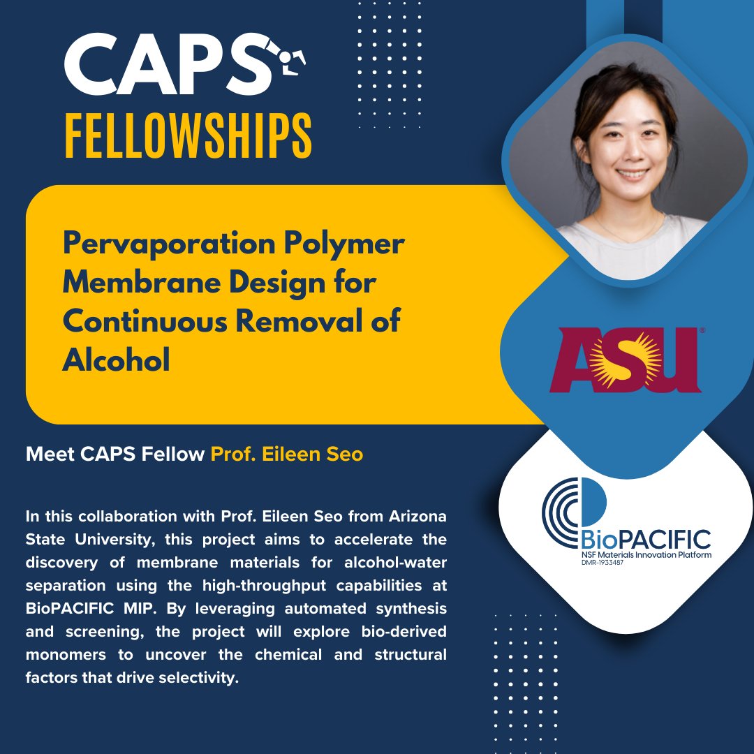 BioPACIFIC MIP (@biopacificmip) on Twitter photo CAPS Fellowships Spotlight!
Prof. Eileen Seo’s lab (<a href="/ASU/">Arizona State University</a>) is developing sustainable #membranes for alcohol-water separation 🌱💧
✅ High-throughput screening of bio-derived monomers
✅ Tackling PDMS limitations in biofuel recovery
✅ Advancing green separation technologies CAPS Fellowships Spotlight!
Prof. Eileen Seo’s lab (<a href="/ASU/">Arizona State University</a>) is developing sustainable #membranes for alcohol-water separation 🌱💧
✅ High-throughput screening of bio-derived monomers
✅ Tackling PDMS limitations in biofuel recovery
✅ Advancing green separation technologies