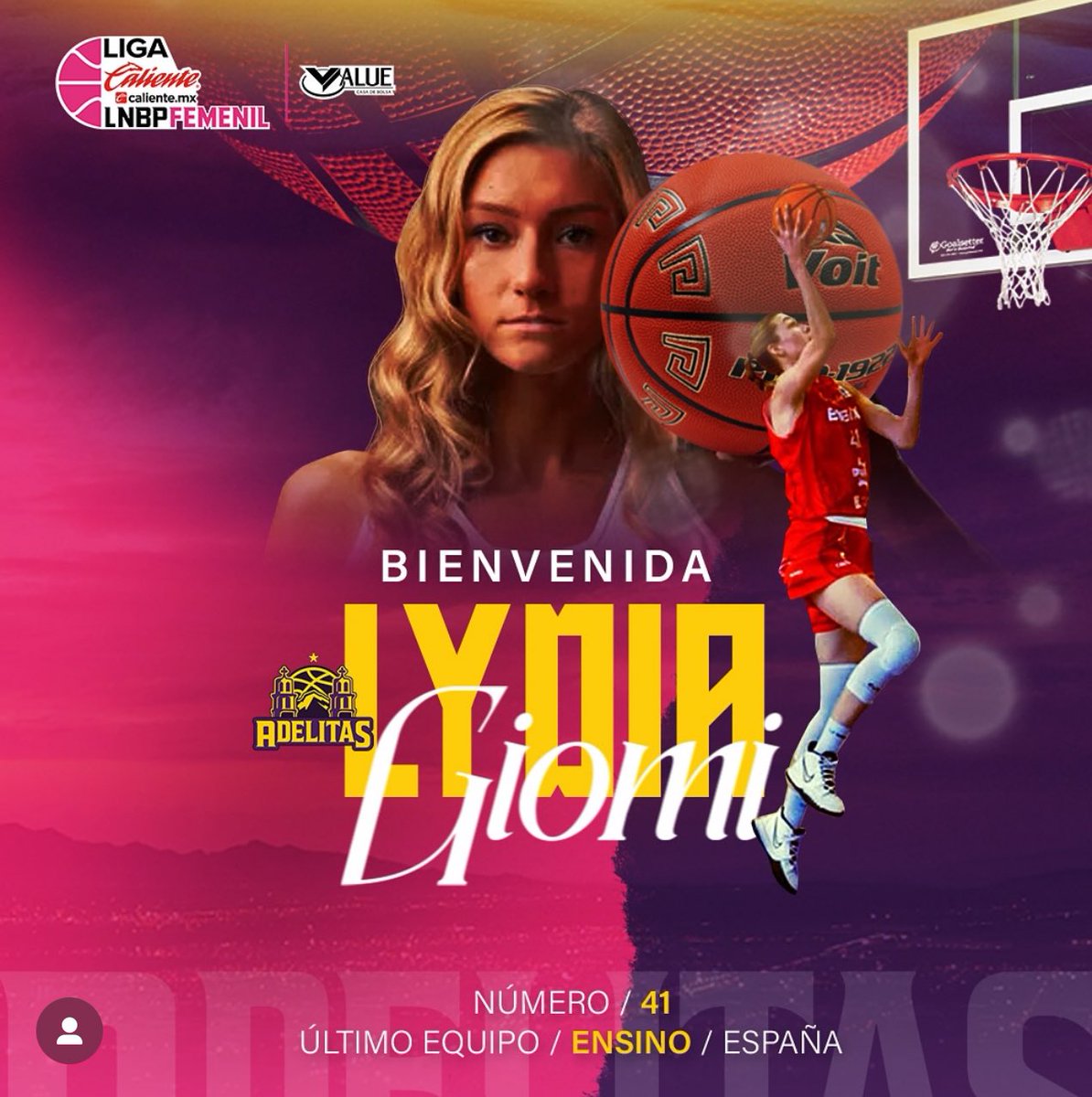 millangomez's tweet photo. .@LydiaGiomi, pívot del @EnsinoLugoCB desde 2022, ficha por Adelitas de Chihuahua, de México. 

La liga comienza el viernes 2 de mayo y termina el sábado 7 de junio. https://t.co/yI065aMEGS