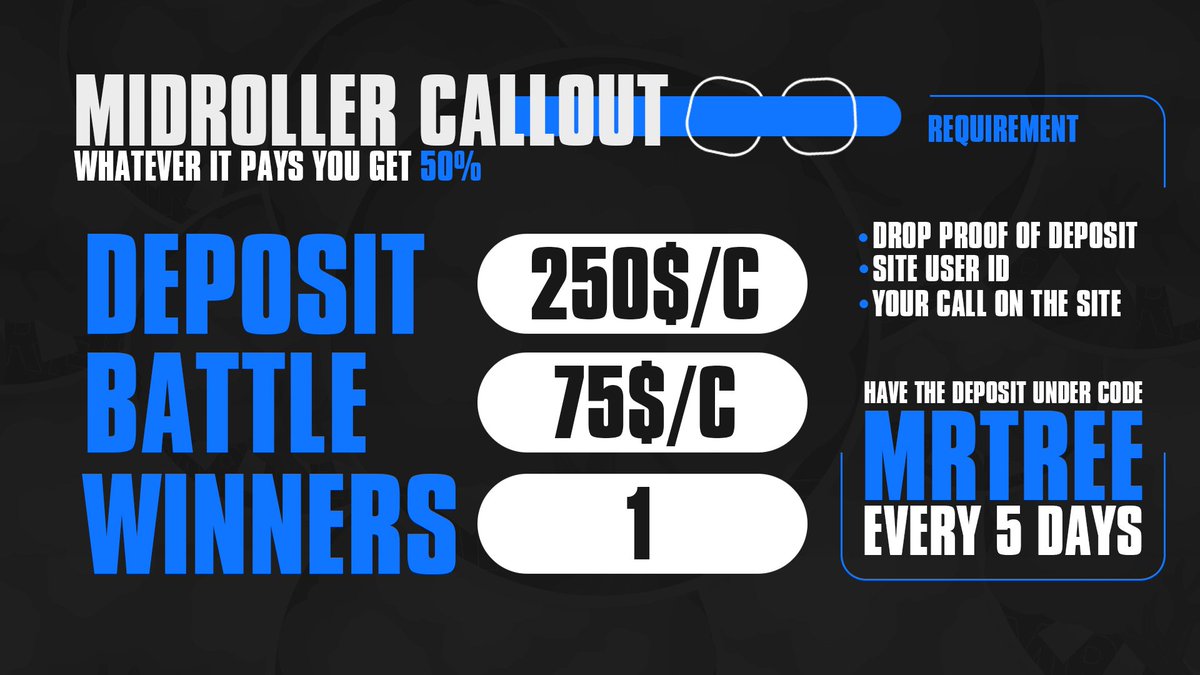 🔥 MIDROLLER CALLOUT! 🔥

💰 Deposit 250$/C &amp; join the battle for 75$/C!
🏆 1 winner will be chosen on LIVE!
🎯 You get 50% of the winnings!

📌 REQUIREMENTS:
✔️ Drop proof of deposit in the last 5 days
✔️ Site user ID
✔️List your cases and drop a screenshot of them
✔️Link your