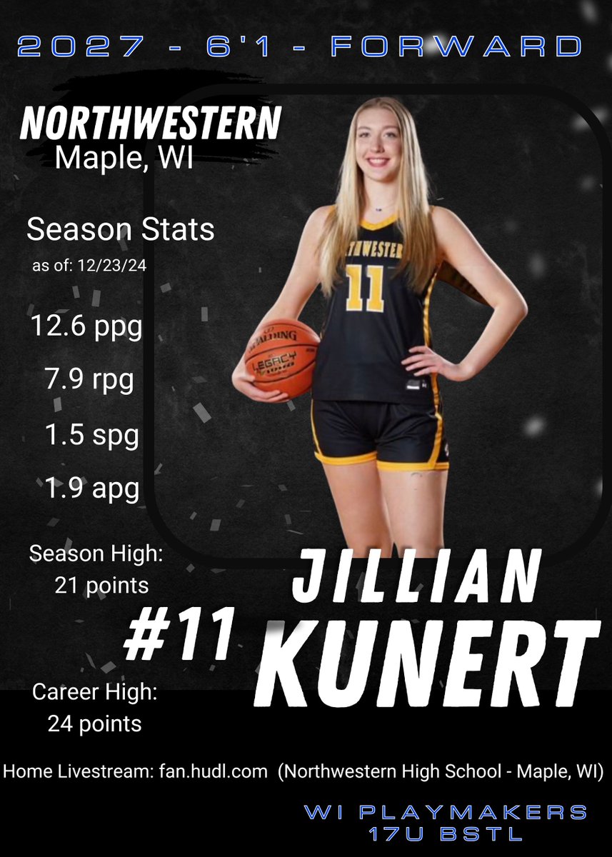 <a href="/jill_kunert27/">jill kunert</a> is The Block🧱Party🎉‼️ Check out her 2nd half Season Soph Highlights 
hudl.com/v/2Rtq5y 
Season stats: 
ppg: 11.8
rpg: 8.1
spg: 1.9
apg: 1.6
blkpg: 6.1 l🤯
She is playing this weekend at the <a href="/USJN/">USJN</a> Windy City in Milw w/ her WI Playmakers -Shaw 17U BSTL Squad