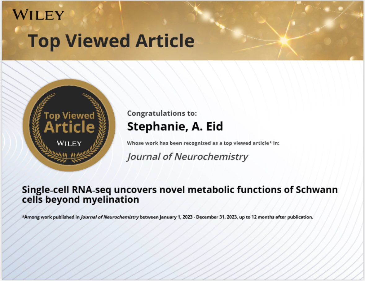 Stéphanie Eid, PhD (@eidsteph) on Twitter photo Our paper on Schwann cell functions beyond myelination in the context of diet-induced obesity was among the top viewed in <a href="/JNeurochem/">Journal of Neurochemistry</a> <a href="/ISN_society/">International Society for Neurochemistry (ISN)</a>
Cool to see it getting some attention! Our paper on Schwann cell functions beyond myelination in the context of diet-induced obesity was among the top viewed in <a href="/JNeurochem/">Journal of Neurochemistry</a> <a href="/ISN_society/">International Society for Neurochemistry (ISN)</a>
Cool to see it getting some attention!