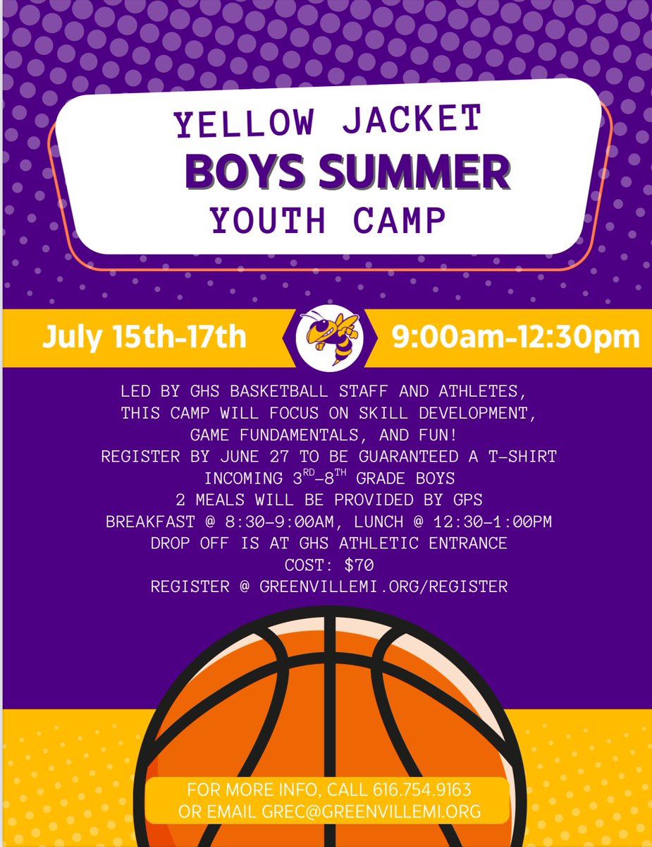Summer Boys Basketball Camp at the VILLE! Sign ups done through the rec at Greenvillemi.org/register
#gojackets🐝🏀