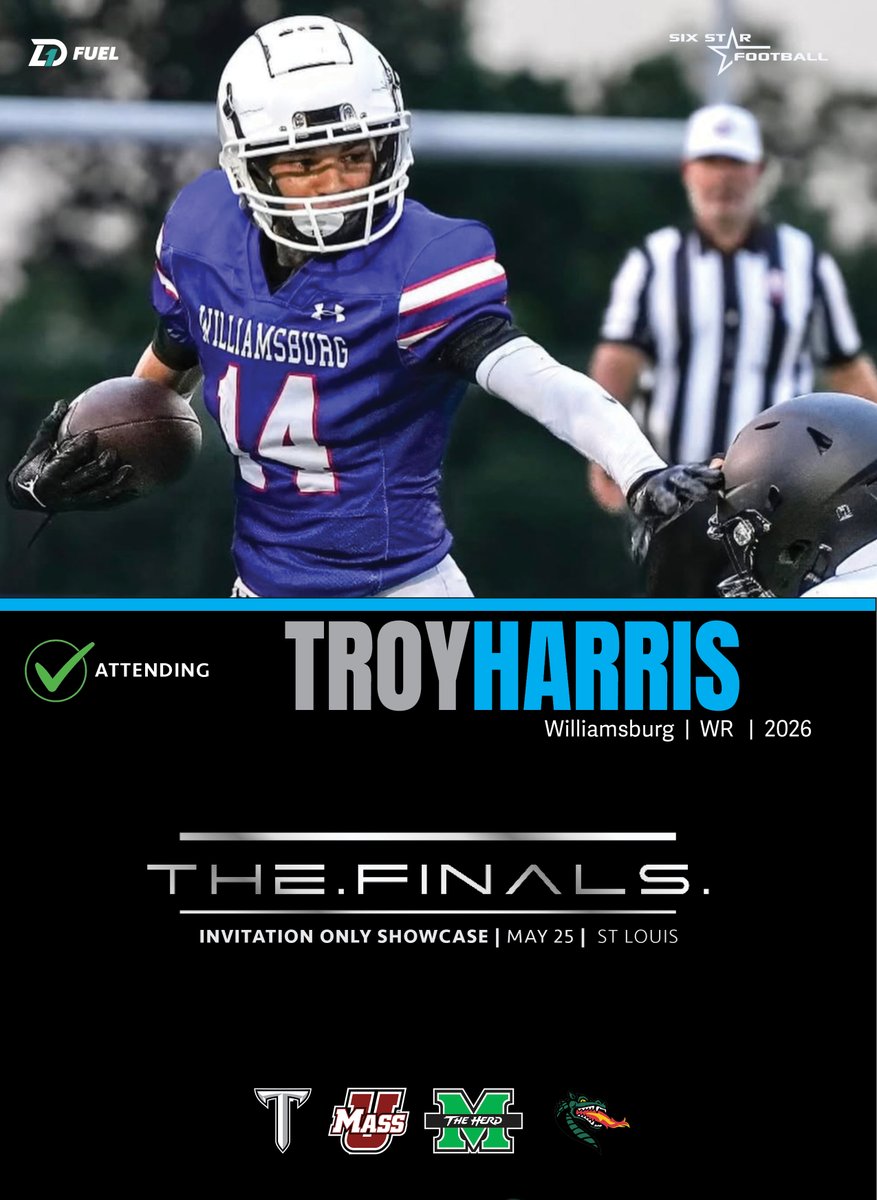 Six Star Football | PLUS+ (@sixstarfootball) on Twitter photo TheFINALS | Troy Harris
5’11, 175 | WR | 2026 | Williamsburg (OH) | <a href="/TroysHarris/">Troy Harris ⭐️</a>
⭐ Excited to announce rising prospect Troy Harris will be attending TheFINALS!
⭐Holds D1 offers from UAB, Troy, Marshall and UMass!
📆May 25 📍St Louis TheFINALS | Troy Harris
5’11, 175 | WR | 2026 | Williamsburg (OH) | <a href="/TroysHarris/">Troy Harris ⭐️</a>
⭐ Excited to announce rising prospect Troy Harris will be attending TheFINALS!
⭐Holds D1 offers from UAB, Troy, Marshall and UMass!
📆May 25 📍St Louis