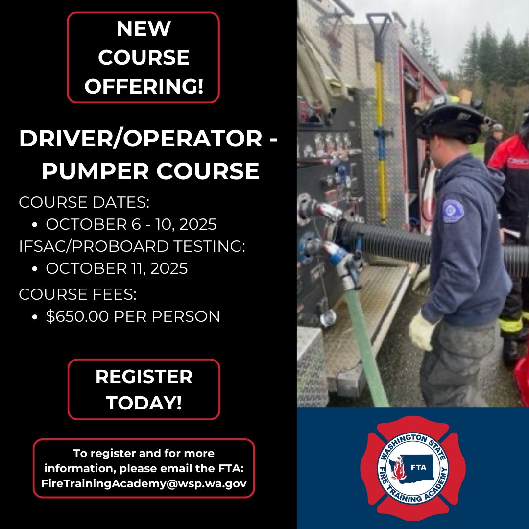 Due to the number of registrations submitted for the July/August Driver/Operator - Pumper course, the #WAFTA is offering another round of the training! Email the FTA for more information! 
#WAFireAcademy #Firefighter #Firefighters #WAFirefighter #WAFirefighter