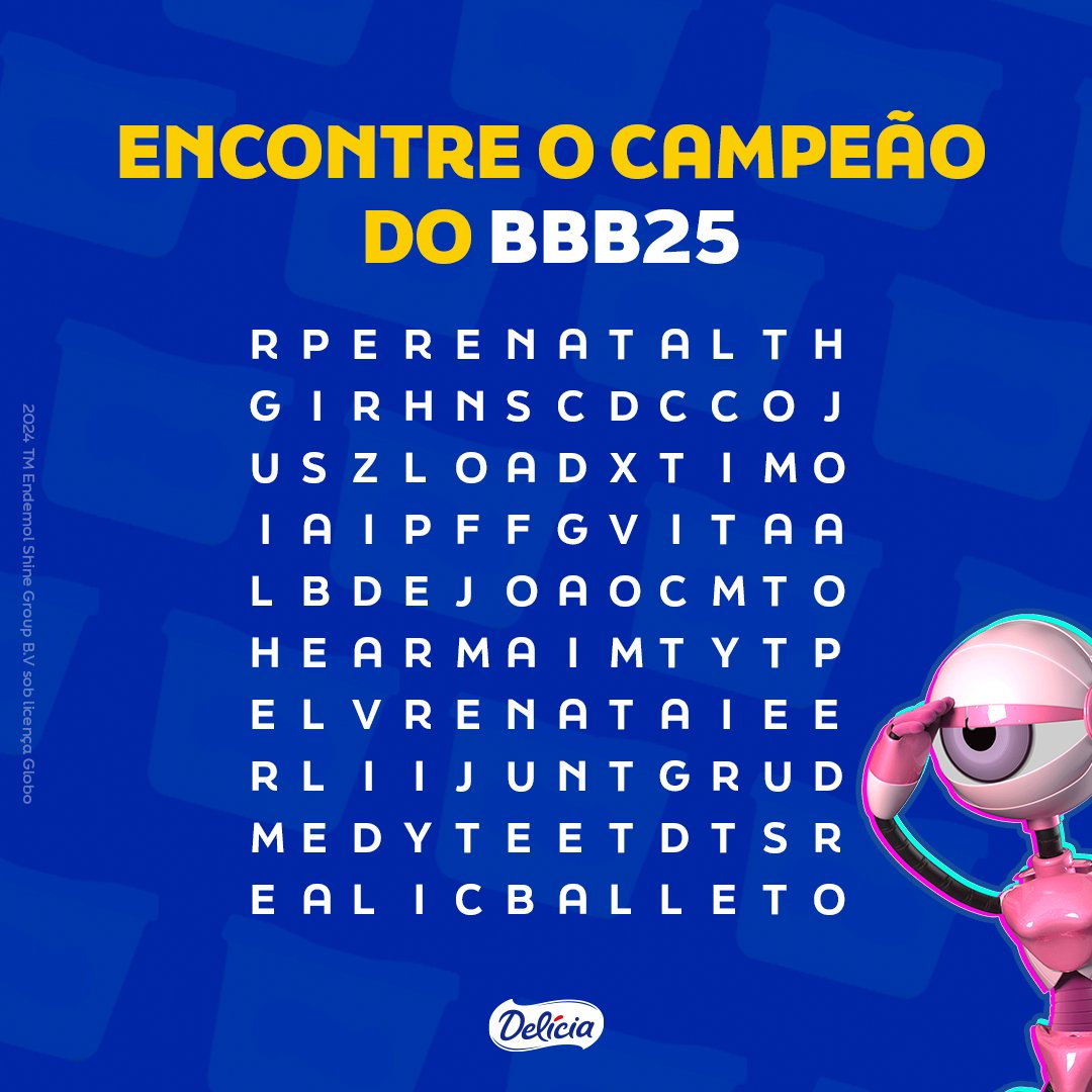 viroudelicia's tweet image. Eeeeita que final cremosa! O nome que você encontrar primeiro será o vencedor do #BBB25! E aí, qual brother sairá vitorioso? #DeliciaNoBBB #Top3