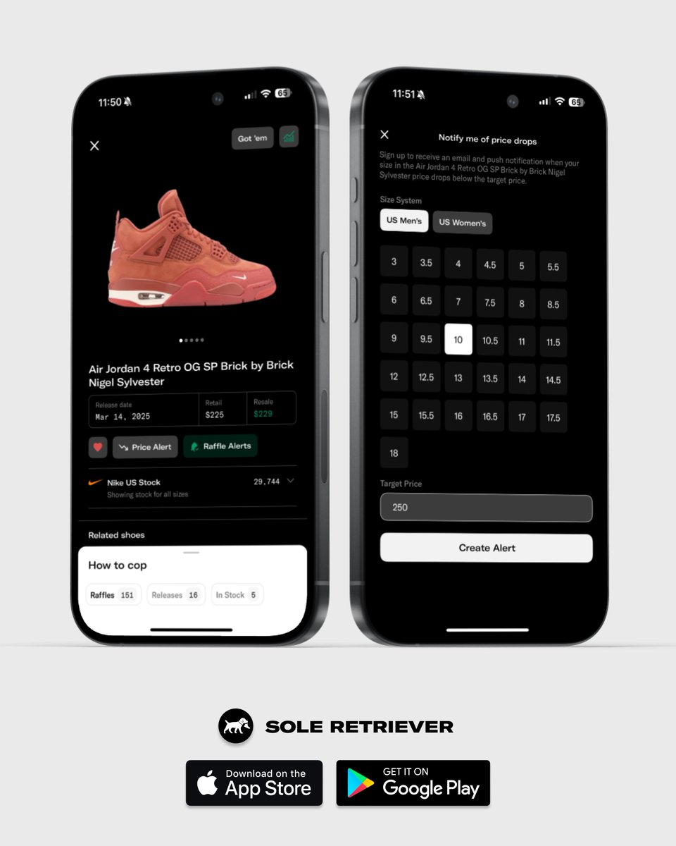 🔔 Introducing Price Alerts 🔔

This new feature allows users to set custom alerts to be notified when any sneaker hits below a certain target price.

📲 Get the app: rtrv.in/app