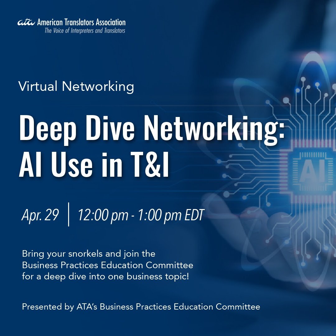 Join ATA's Business Practices Education Committee for a networking event to deep dive into AI Use in T&amp;I: atanet.org/event/deep-div… 🤿 Bring your questions, ideas, and insights to share! 
.
.
.
#Networking #Ai #Professional #Translator #Interpreter #Language #xl8 #1nt #atanet
