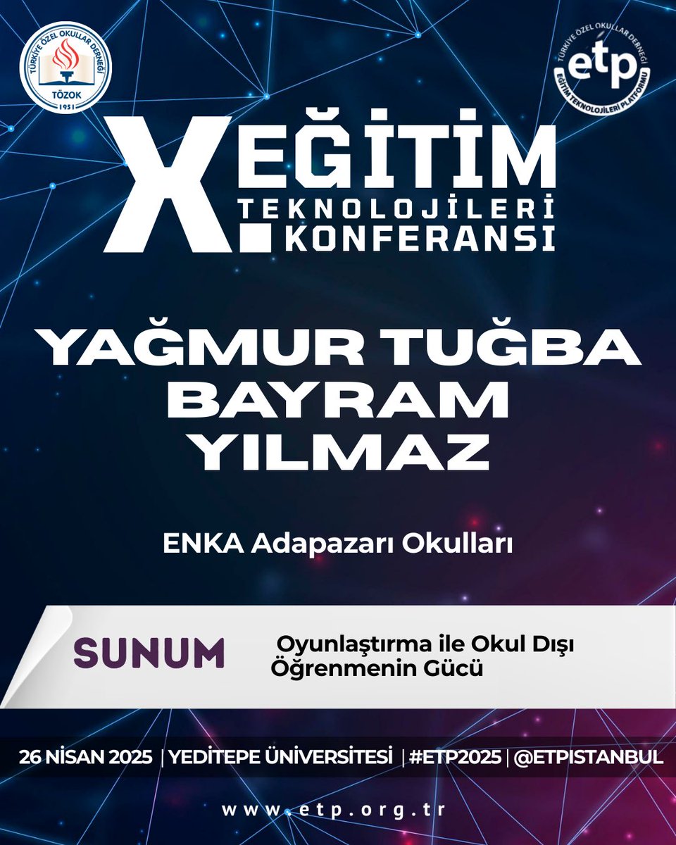 Yağmur Tuğba Bayram Yılmaz,
“Oyunlaştırma ile Okul Dışı Öğrenmenin Gücü” başlıklı sunumuyla #ETP2025’te sahnede!

👉🏼 Dinleyici kaydı için son gün: 24 Nisan 2025
etp.org.tr
<a href="/etpistanbul/">ETP İstanbul #ETP2025</a>