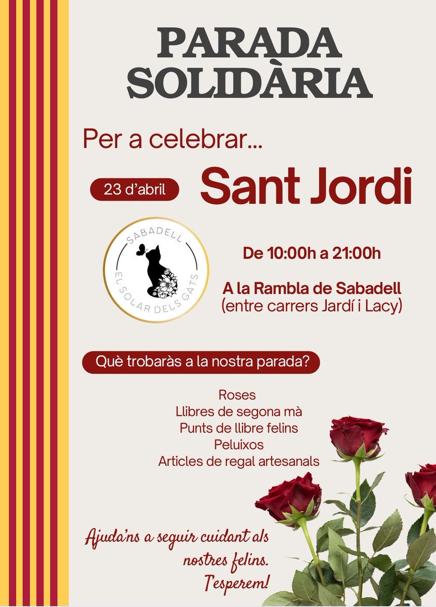 Demà, 23 d’abril, és sens dubte el dia més bonic de l’any i nosaltres hi serem per celebrar-lo amb tots vosaltres. Acosta’t a buscar una rosa, un llibre o qualsevol altre detall i, de pas, vine a saludar-nos.

#SantJordi
👇