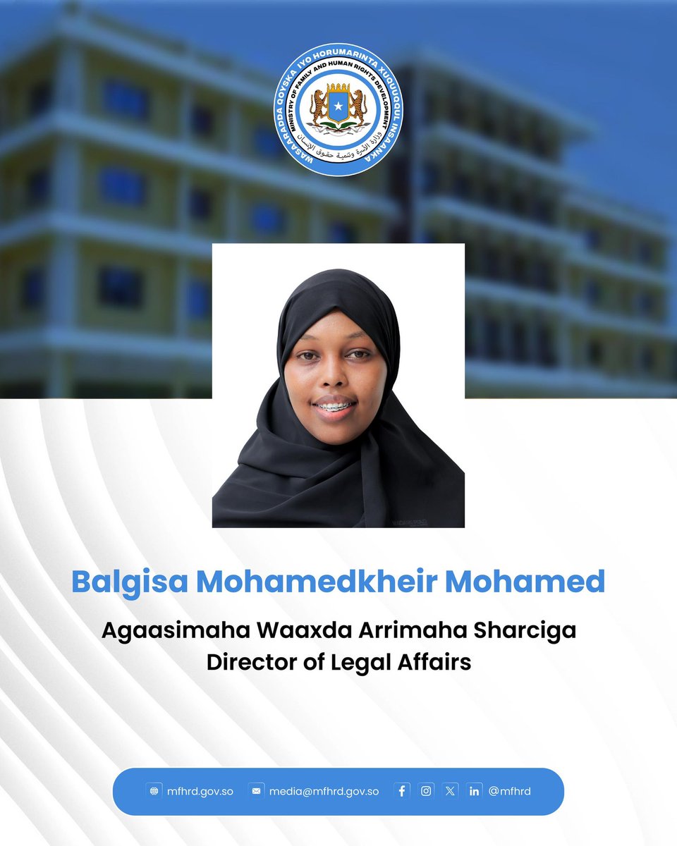 Ministry of Family & Human Rights Development (@mfamily_hrd) on Twitter photo H.E. Amb. <a href="/KhadijaMakhzumi/">Khadija Mohamed Al-Makhzoumi</a>, Minister of Family and Human Rights Development, has appointed Ms. Balgisa Mohamedkheir Mohamed as Director of the Legal Affairs Department. This step reinforces the Ministry’s commitment to enhancing legal mechanisms and institutional capacity in H.E. Amb. <a href="/KhadijaMakhzumi/">Khadija Mohamed Al-Makhzoumi</a>, Minister of Family and Human Rights Development, has appointed Ms. Balgisa Mohamedkheir Mohamed as Director of the Legal Affairs Department. This step reinforces the Ministry’s commitment to enhancing legal mechanisms and institutional capacity in