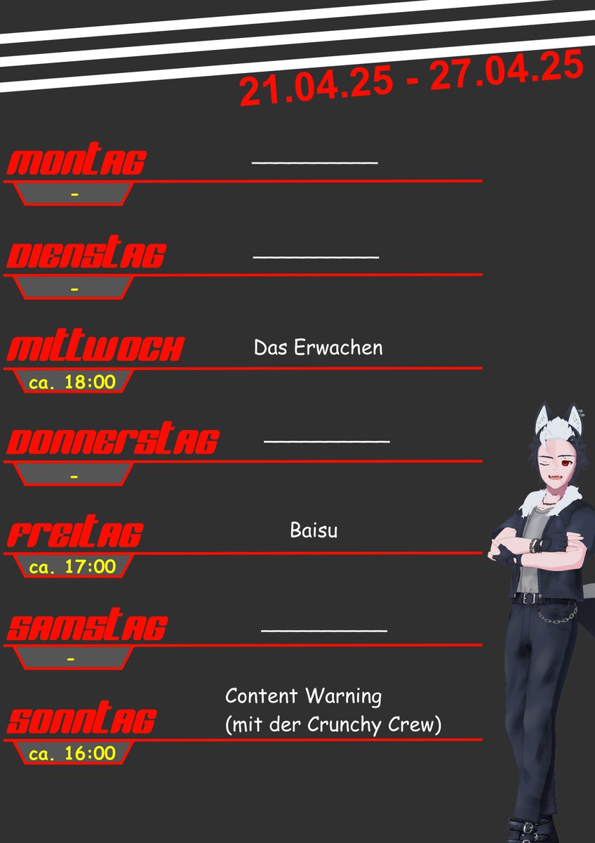 Ich muss meinen Mittwochs-Stream vorerst auf 18 Uhr schieben.
Am Freitag spielen wir endlich mal wieder Horror 😱
Und Sonntag bin ich wieder mit der Crunchy Crew unterwegs.