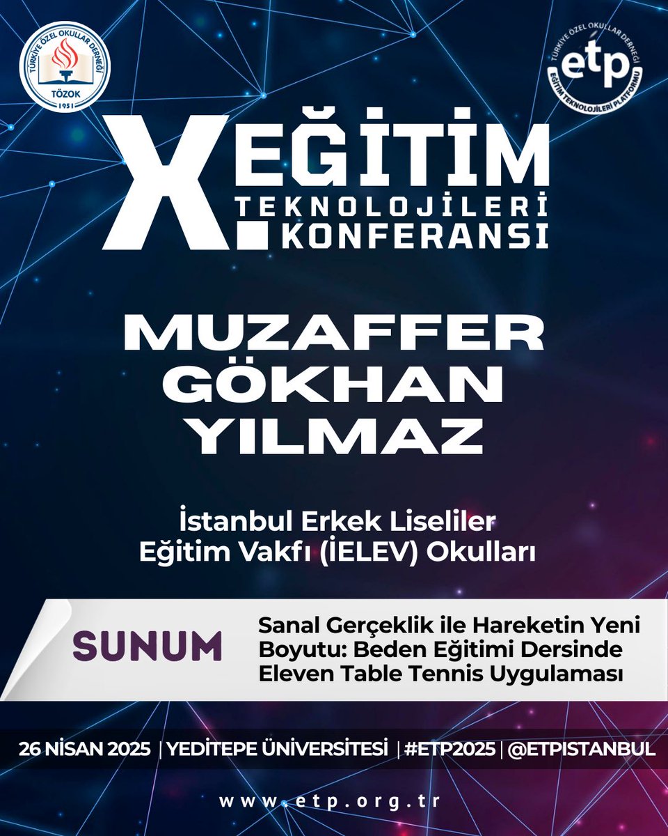 Muzaffer Gökhan Yılmaz,
“Sanal Gerçeklik ile Hareketin Yeni Boyutu: Beden Eğitimi Dersinde Eleven Table Tennis Uygulaması” başlıklı sunumuyla #ETP2025’te sahnede!

👉🏼 Dinleyici kaydı için son gün: 24 Nisan 2025
Detaylar ve kayıt: etp.org.tr
<a href="/etpistanbul/">ETP İstanbul #ETP2025</a>