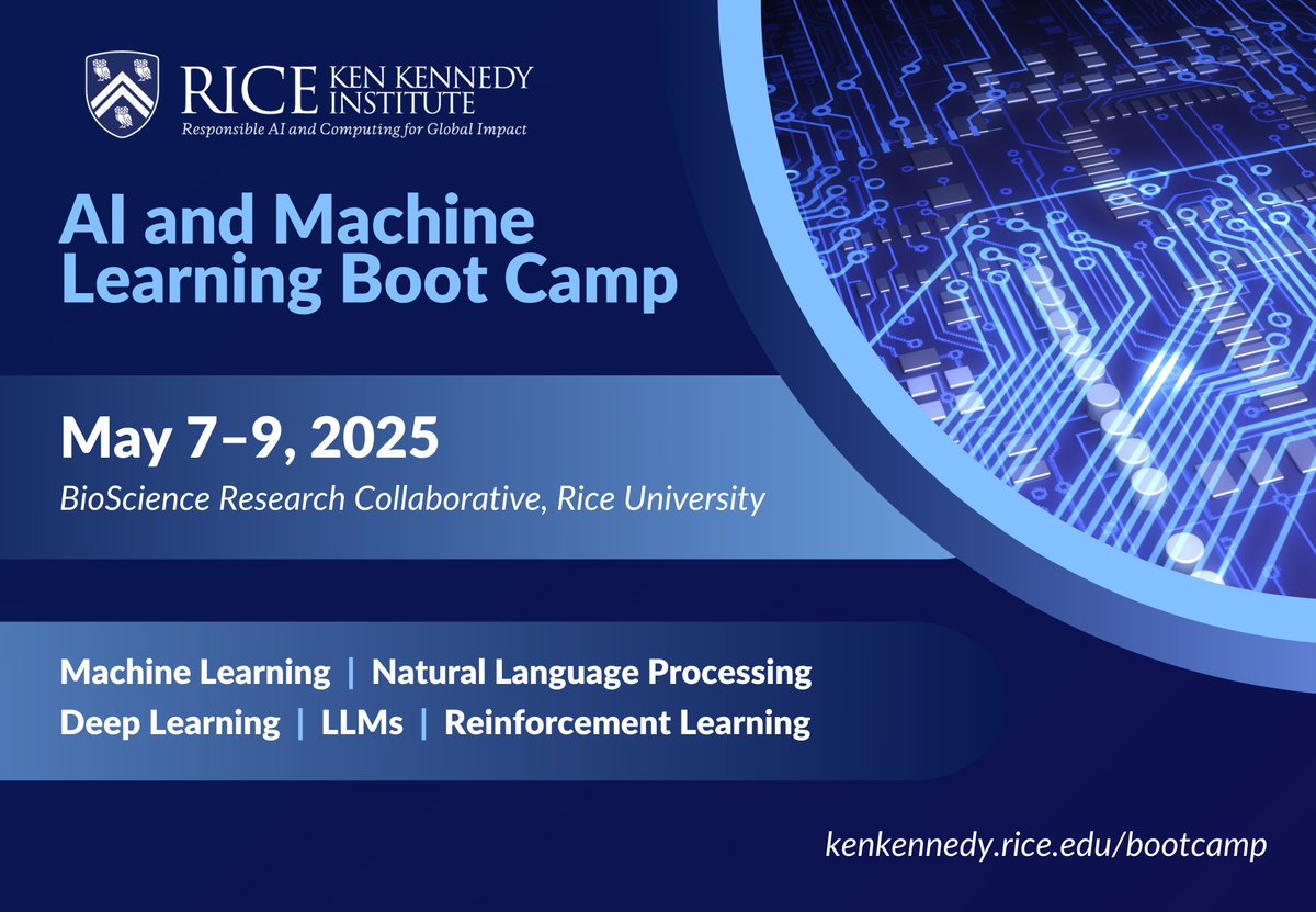 The Ken Kennedy Institute (@ricekenkennedy) on Twitter photo The <a href="/ricekenkennedy/">The Ken Kennedy Institute</a> institute is offering a new AI and Machine Learning Boot Camp on May 7-9, designed for industry professionals, data science practitioners and technical managers. Register to advance applied skills through hands-on learning: rice-ai-ml-bootcamp.eventbrite.com The <a href="/ricekenkennedy/">The Ken Kennedy Institute</a> institute is offering a new AI and Machine Learning Boot Camp on May 7-9, designed for industry professionals, data science practitioners and technical managers. Register to advance applied skills through hands-on learning: rice-ai-ml-bootcamp.eventbrite.com