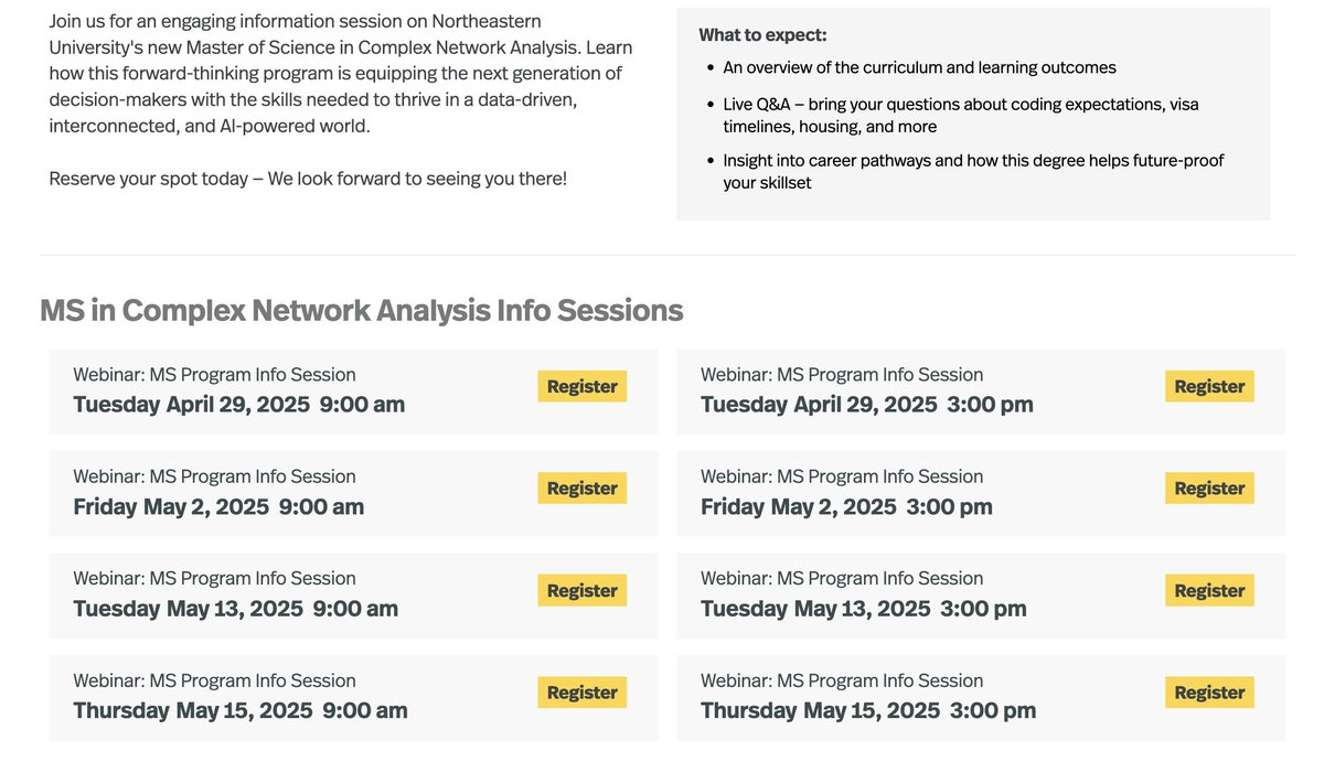 Brennan Klein (@jkbren) on Twitter photo So excited about this -- we're starting a new MS program in Complex Network Analysis at <a href="/Northeastern/">Northeastern U.</a> <a href="/NUnetsi/">Network Science Institute</a>.
Happy to chat with prospective students, or better yet, go sign up for one of the information sessions in the coming weeks! networkscienceinstitute.org/academics/ms-w… So excited about this -- we're starting a new MS program in Complex Network Analysis at <a href="/Northeastern/">Northeastern U.</a> <a href="/NUnetsi/">Network Science Institute</a>.
Happy to chat with prospective students, or better yet, go sign up for one of the information sessions in the coming weeks! networkscienceinstitute.org/academics/ms-w…