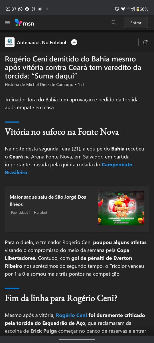 wcsbean's tweet photo. #nbanomodoprime acontece que a notícia do MSN  mostra o Ceni demitido 
Mas só por parte da torcida do Bahia https://t.co/nqc7jRmpxp