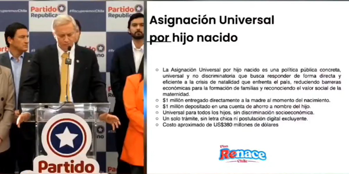 <a href="/CONTRAyAVANZADA/">CHILE PARA LOS CHILENOS 🇨🇱</a> <a href="/PRChile/">Partido Republicano</a> <a href="/agustinromerole/">Agustín Romero Diputado🖐 🇨🇱</a> <a href="/PDemocratasCL/">Demócratas Chile</a> "Asignación universal y no discriminatoria". Madre chilena? no, madre simplemente.
Kast intenta replicar una buena política pronatalidad de Hungría a Chile, donde por cada niño chileno nacen tres de padres extranjeros. El Plan de Protección a la Familia de Hungría ha dado buenos