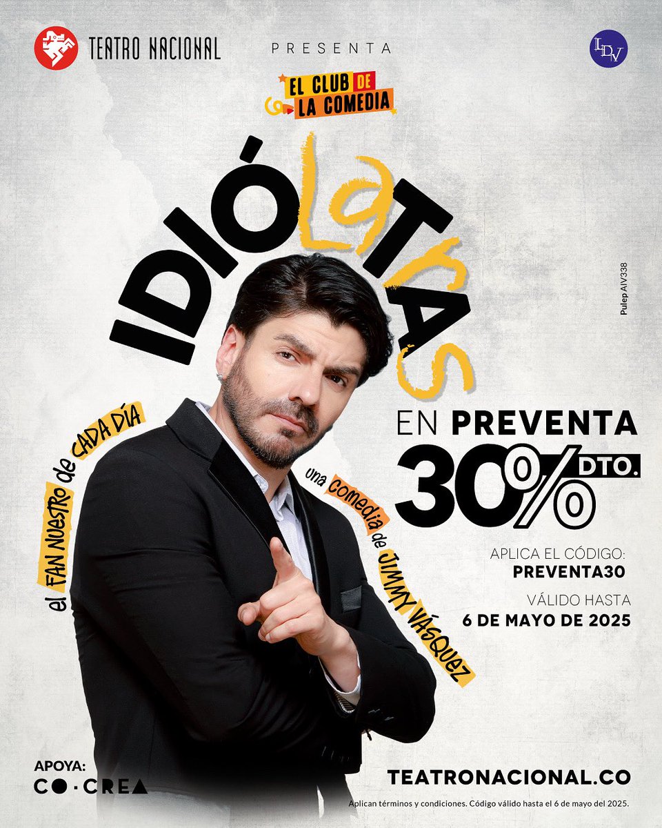 El humor y la ironía llegan con <a href="/jimmyvasquezart/">Jimmy Vásquez</a> al Teatro Nacional con Idiólatras, un monólogo de comedia en el que se abordarán temas como el híper positivismo y el fanatismo 🫣 
Aprovecha la preventa y compra tus entradas en TEATRONACIONAL.CO 🎫