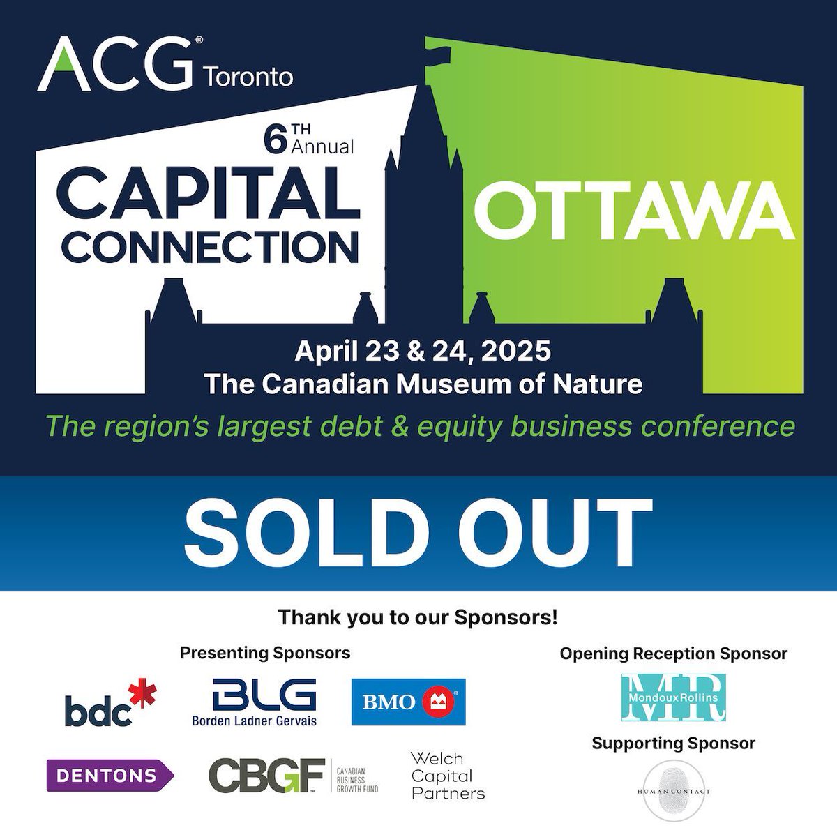 ACG_Toronto's tweet image. 🚨 SOLD OUT! 🚨
The 6th Annual ACG Ottawa Capital Connection is happening April 23–24, 2025.
Big thanks to our sponsors for making it happen—see you in Ottawa!
#ACGOttawa #CapitalConnection #SoldOut