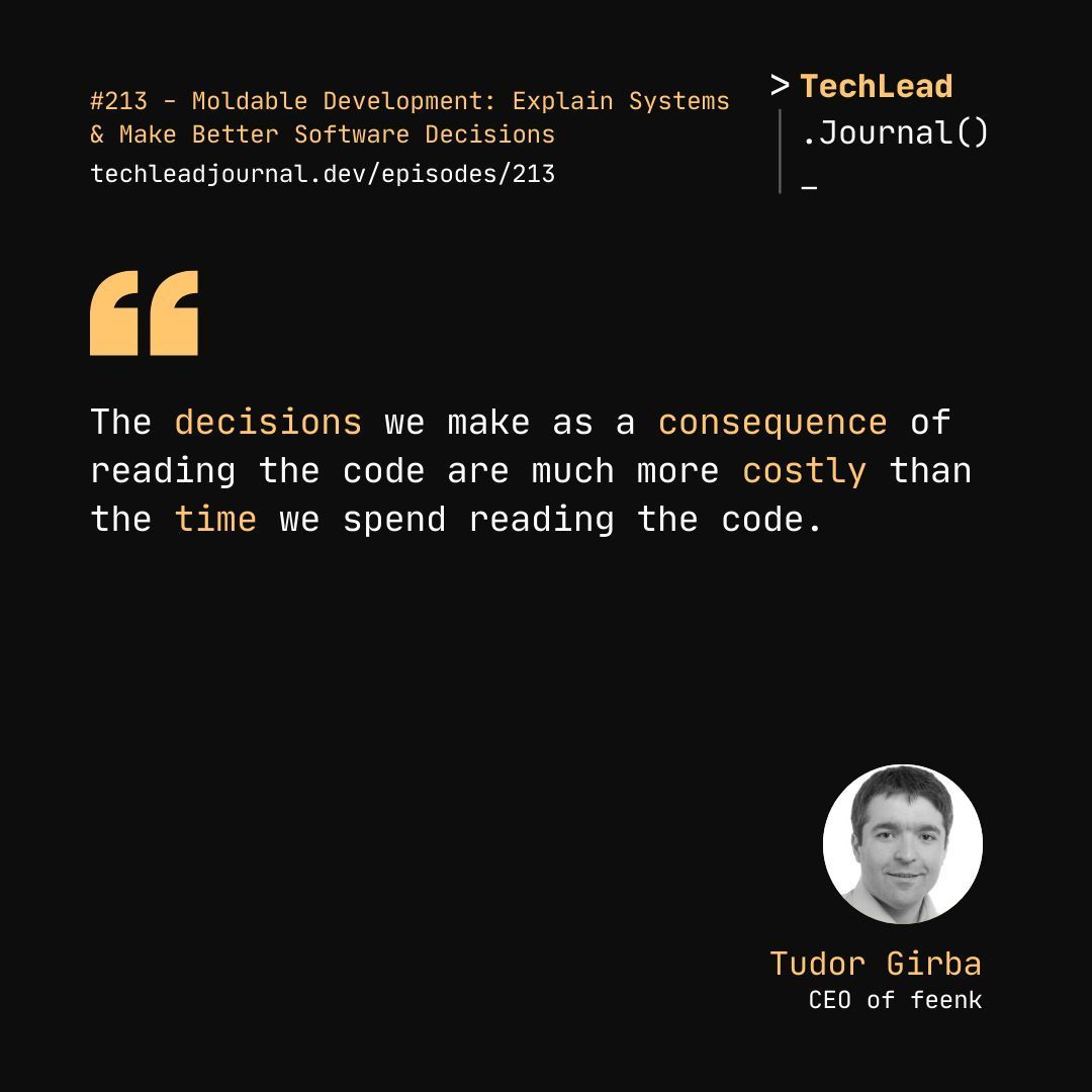 Tech Lead Journal (@techleadjournal) on Twitter photo Not understanding well leads to bigger problems.
Hear more from <a href="/girba/">Tudor Girba</a> in episode 213.
#softwareengineer #decisionmaking Not understanding well leads to bigger problems.
Hear more from <a href="/girba/">Tudor Girba</a> in episode 213.
#softwareengineer #decisionmaking