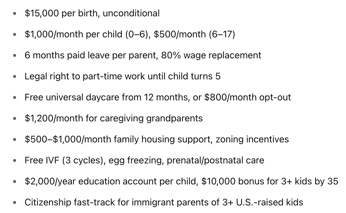 If the US wanted to pursue any actual France-like pronatalist policies, it would probably look something like this.