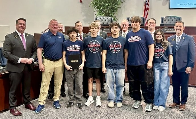 The City of Allen has declared 2025 the year of the #AllenWrestling boys team. The coaches, wrestlers &amp; trainers were recognized tonight at the city council meeting. #alwaysimproving #alleneagles