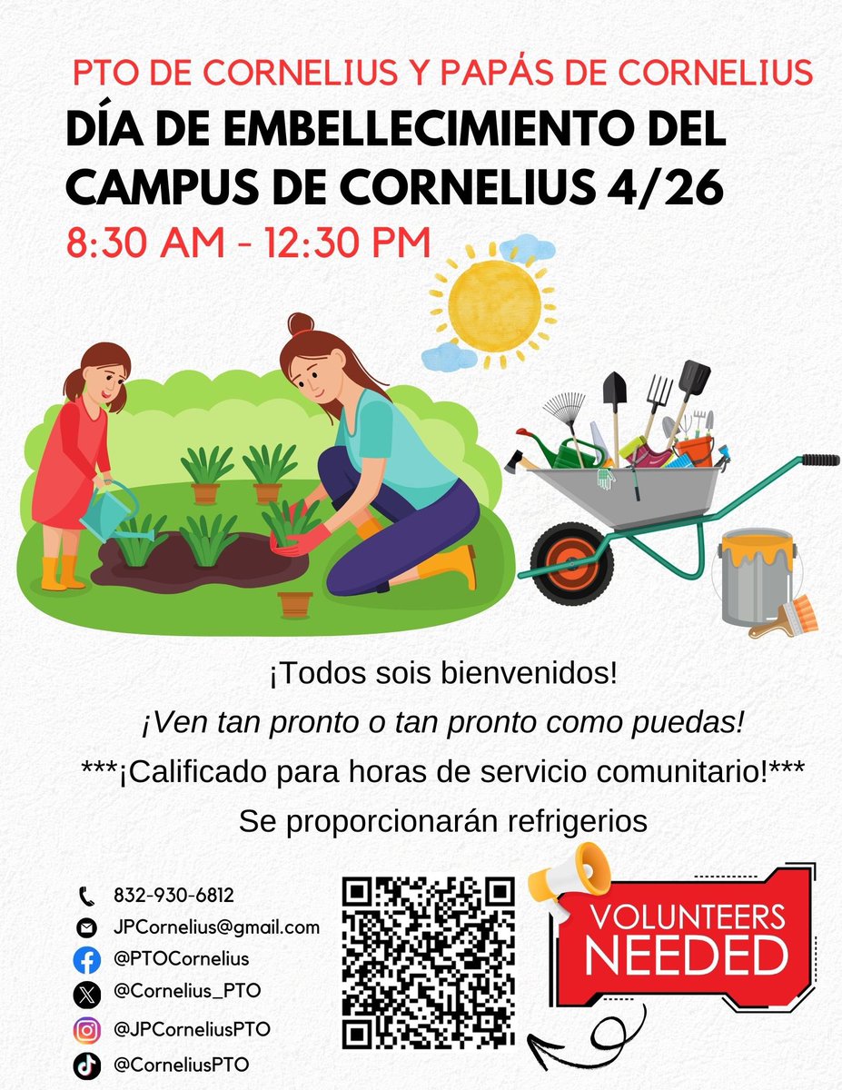cornelius pto ❤️🐾 (@cornelius_pto) on Twitter photo SATURDAY 4/26 Campus Beautification Day 8:30am-12:30pm 🌱❤️🐾 Let’s create a safe, clean, and beautiful environment for our Cougars!
Qualified for COMMUNITY SERVICE HOURS!
Refreshments provided 🍉🧃
<a href="/CorneliusElem/">Cornelius Elementary</a> <a href="/ptotoday/">PTO Today</a> <a href="/HISDFamilies/">HISD Family & Community Engagement</a> <a href="/HoustonISD/">Houston ISD</a> SATURDAY 4/26 Campus Beautification Day 8:30am-12:30pm 🌱❤️🐾 Let’s create a safe, clean, and beautiful environment for our Cougars!
Qualified for COMMUNITY SERVICE HOURS!
Refreshments provided 🍉🧃
<a href="/CorneliusElem/">Cornelius Elementary</a> <a href="/ptotoday/">PTO Today</a> <a href="/HISDFamilies/">HISD Family & Community Engagement</a> <a href="/HoustonISD/">Houston ISD</a>