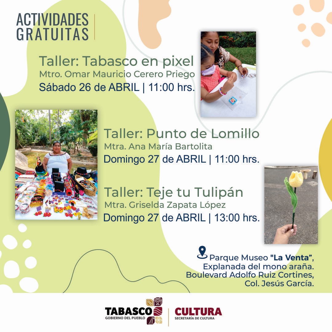 Cultura_Tabasco's tweet photo. ✨ ¡Sumérgete en la creatividad y la tradición en el Parque Museo "La Venta"! 🎨🧶
Te invitamos a participar en estos fascinantes talleres gratuitos. https://t.co/jZnUmGMSru