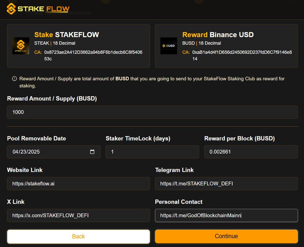 <a href="/BNBCHAIN/">BNB Chain</a> Hey BNB chain friend, remember we spoke in one of your 'whats trending on BNB chain' open spaces?
It was day 1 of $TUT, just to refresh your memory.

I made a dApp <a href="/stakeflow_defi/">STAKE FLOW 🥩🌊</a>. No native token.

Stake Flow lets ANY token on BNB create custom, no-penalty staking pools. Think