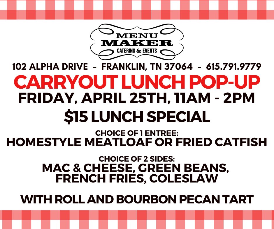 MenuMakerCaters's tweet image. Join us this Friday for a Carryout Pop-up! 

Meals are available while supplies last.