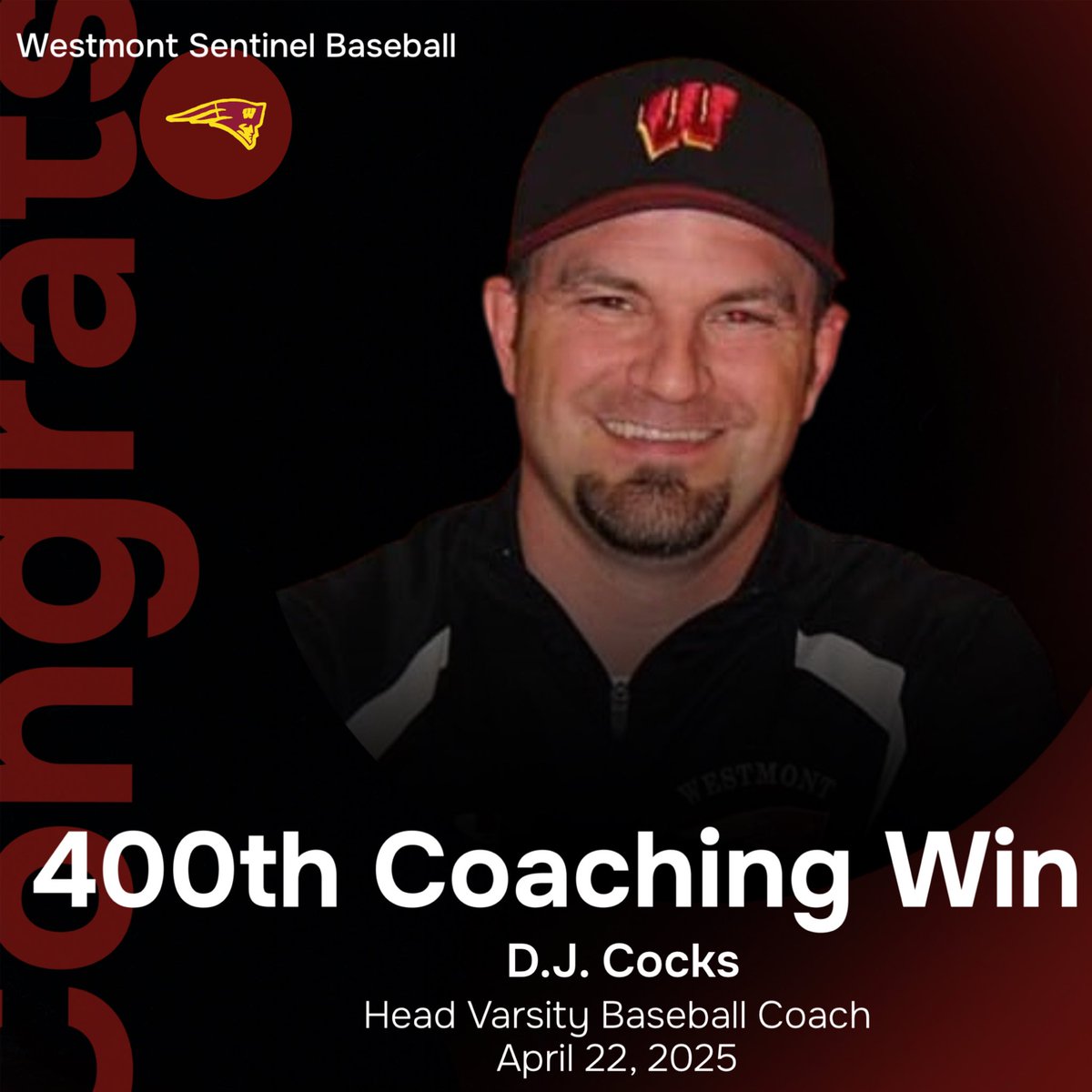 Congratulations to Coach Cocks on his 400th Coaching Career Win tonight! <a href="/Westmont_BB/">Westmont Baseball</a> <a href="/chicagotribune/">Chicago Tribune</a> <a href="/Sentinels201/">Westmont Athletics</a> <a href="/shawlocalnews/">Shaw Local</a>