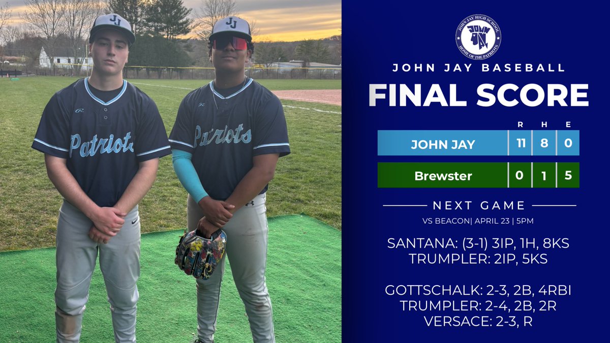 Another solid game for the boys in blue!! BIG 11-0 victory over Brewster! 💪🏼⚾️💪🏼 @JJEFpatriotball <a href="/JJEFAthletics/">JJPatriots</a> <a href="/WCSDAthletic/">WCSDAthletics</a>