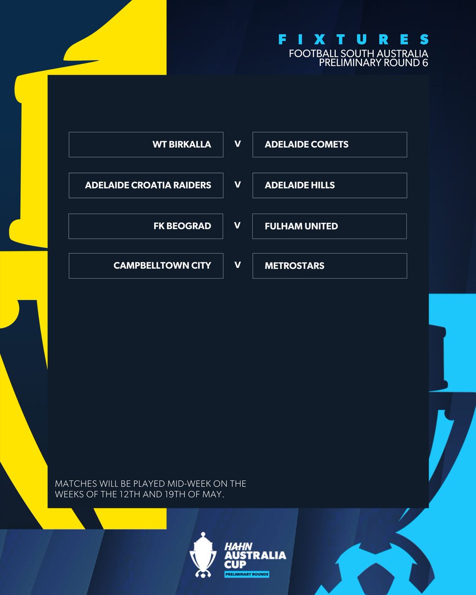 FootballSouthAu's tweet photo. Quarter Final Draws Locked In 🏆

Who’s punching their ticket to the semis? 👀

#MagicOfTheCup #ApexSteelWNPLWSLCup https://t.co/oJCKU1UxQc
