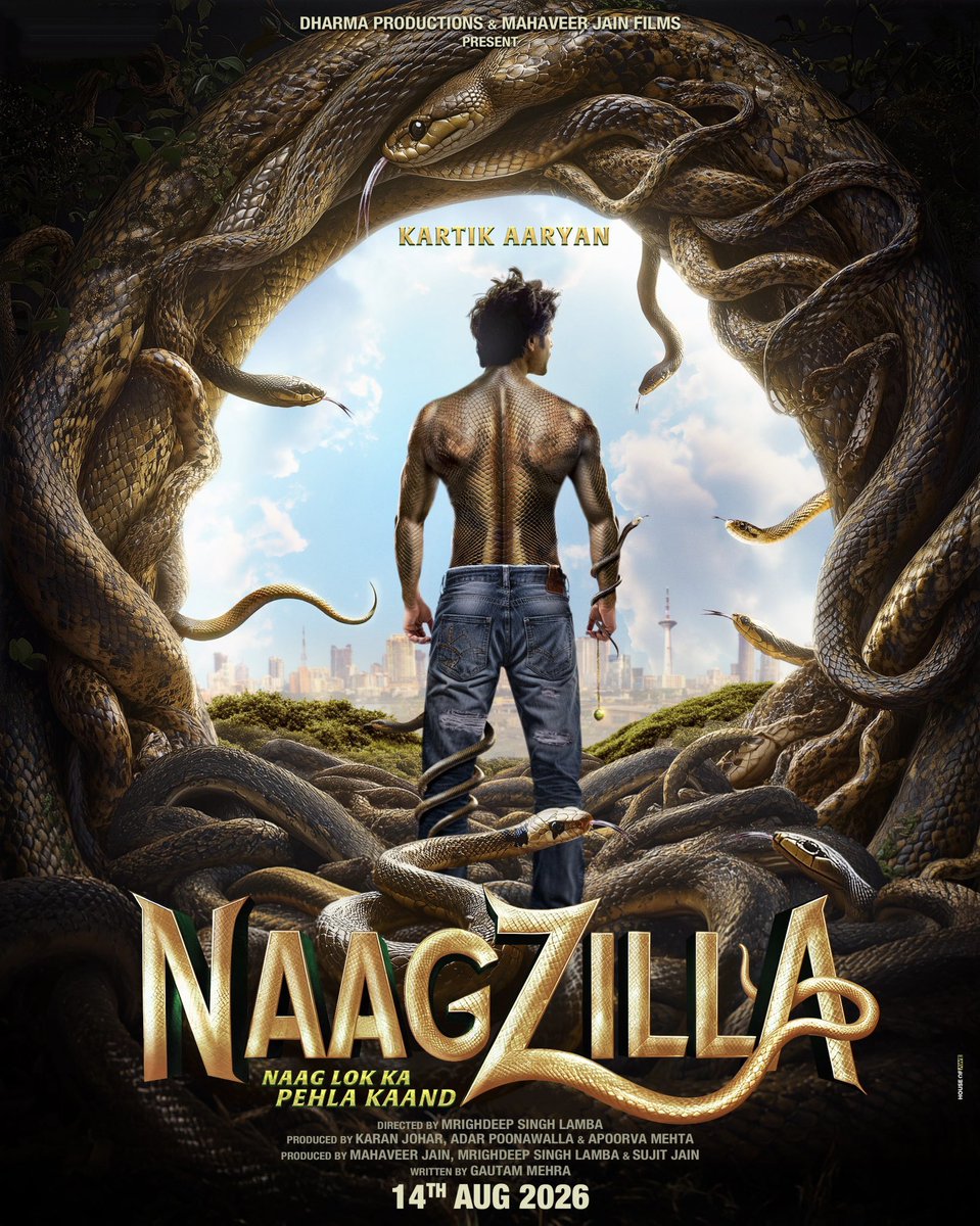 TFIMovieUpdates's tweet image. NAAGZILLA – Naag Lok Ka Pehla Kaand – In Sssssinemas From 14th August 2026.

@TheAaryanKartik @MrigLamba #KaranJohar #MahaveerJain @adarpoonawalla @apoorvamehta18 #SujitJain @MARIJKEdeSOUZA @MahaveerJFilms