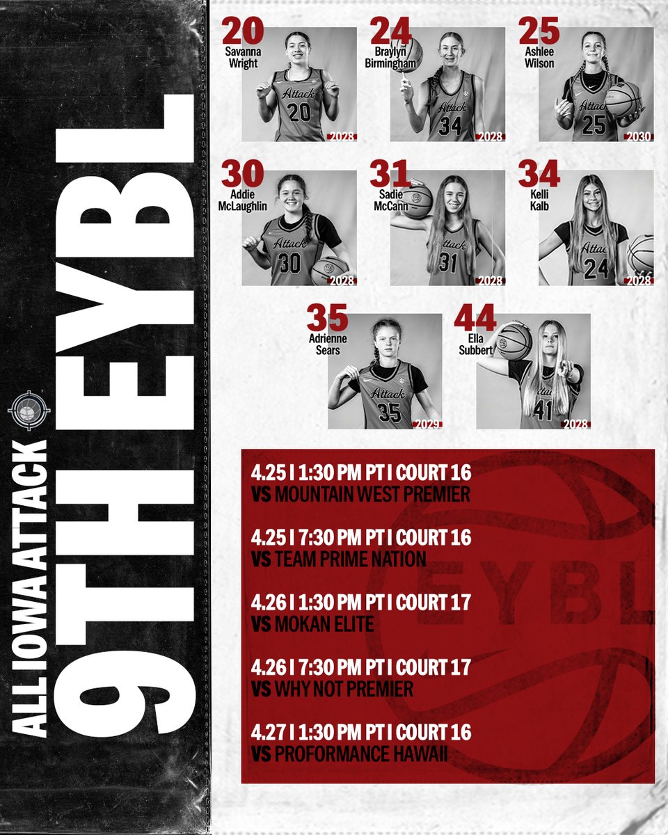 𝓐𝓟𝓡𝓘𝓛 𝓛𝓘𝓥𝓔 𝓢𝓒𝓗𝓔𝓓𝓤𝓛𝓔 🏀
Starts Friday ...

EYBL Session I
🗓️ April 25 - 27
📍 Phoenix, AZ

#AttackFamily x #2025EYBL 
#Road2Chi