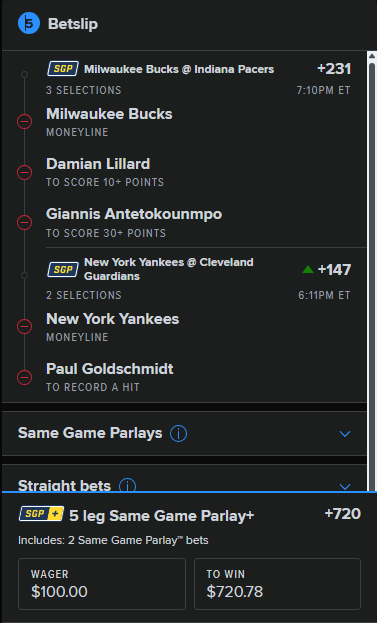 Athleticality's tweet photo. 🏀⚾️ 5‑Leg SAME GAME PARLAY+ 🔥 +720
1️⃣ Bucks ML @ Pacers
2️⃣ Dame 10+ PTS
3️⃣ Giannis 30+ PTS
4️⃣ Yankees ML @ Guardians
5️⃣ Goldschmidt HITS 🏏
💵 Risk $100 → 💸 $720.78
#Parlay #NBA #MLB #Betting 🤑 https://t.co/Lwm4KNxLtM