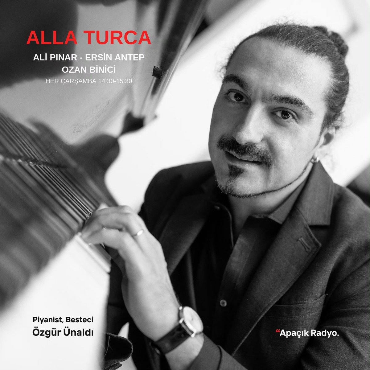allaturca2001's tweet photo. Çarşamba⏱️14.30’da #ApaçıkRadyo’da #AllaTurca'da piyanist-besteci Özgür Ünaldı'yı ağırlıyor, son eserleri üzerine konuşuyoruz.📷
We are hosting pianist-composer @ozgurunaldi on Wednesday at 2.30PM (GMT+3) at Alla Turca programme on @acikradyo
Stream link: https://t.co/RnD2f4Lhty https://t.co/4QEHuUly26