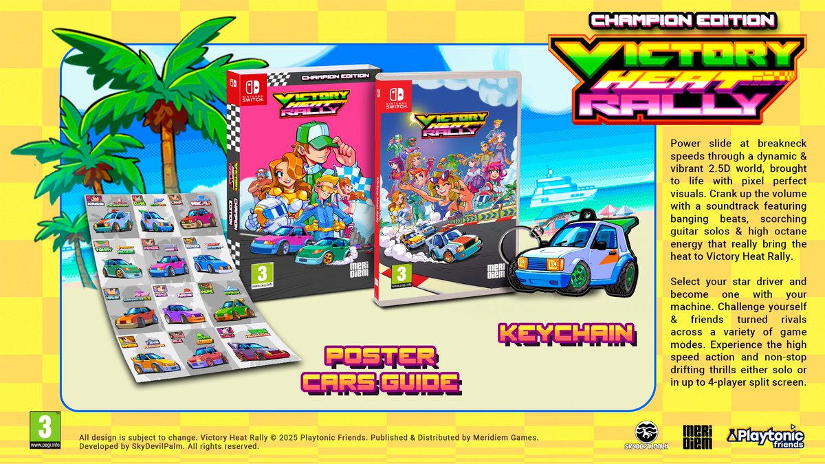 Victory Heat Rally is BACK w/ a new physical edition🏁
by <a href="/MeridiemGames/">Meridiem</a> 
Here’s your 2nd chance to own a physical copy with exclusive bonus items!🔥
✅ A collectible Victory Heat Rally poster
✅ An exclusive acrylic keychain
🛒 Pre-orders are LIVE now:
👉meridiem-games.com/en/game/victor…