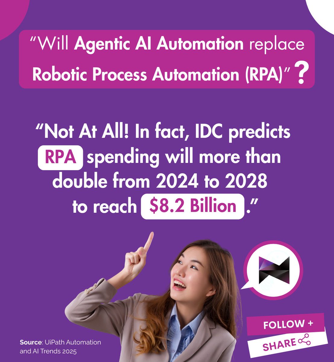NuummiteC's tweet photo. @UiPath's  'Automation and AI Trends 2025' report asks a key question:

Will Agentic AI Automation replace Robotic Process Automation (RPA)?

Actually the 'International Data Corporation' (IDC) predicts RPA will reach $8.2 billion by year 2028.

Read more:
https://t.co/VJeaCBaunP https://t.co/CWVU2n68zn