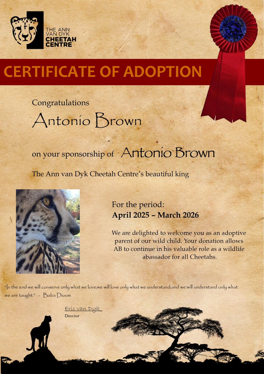 Meet "Antonio Brown" our recently adopted, highly endangered, King cheetah. 

We decided to name him after the fastest man on earth @ab84

Help “Antonio Brown’s” development to stay safe in the wild and for us to buy him a wife. 

CA: 2xnRcBr6Q3nSejG3tpfSioBJNEZd9TyDAetP1Lkmeczd