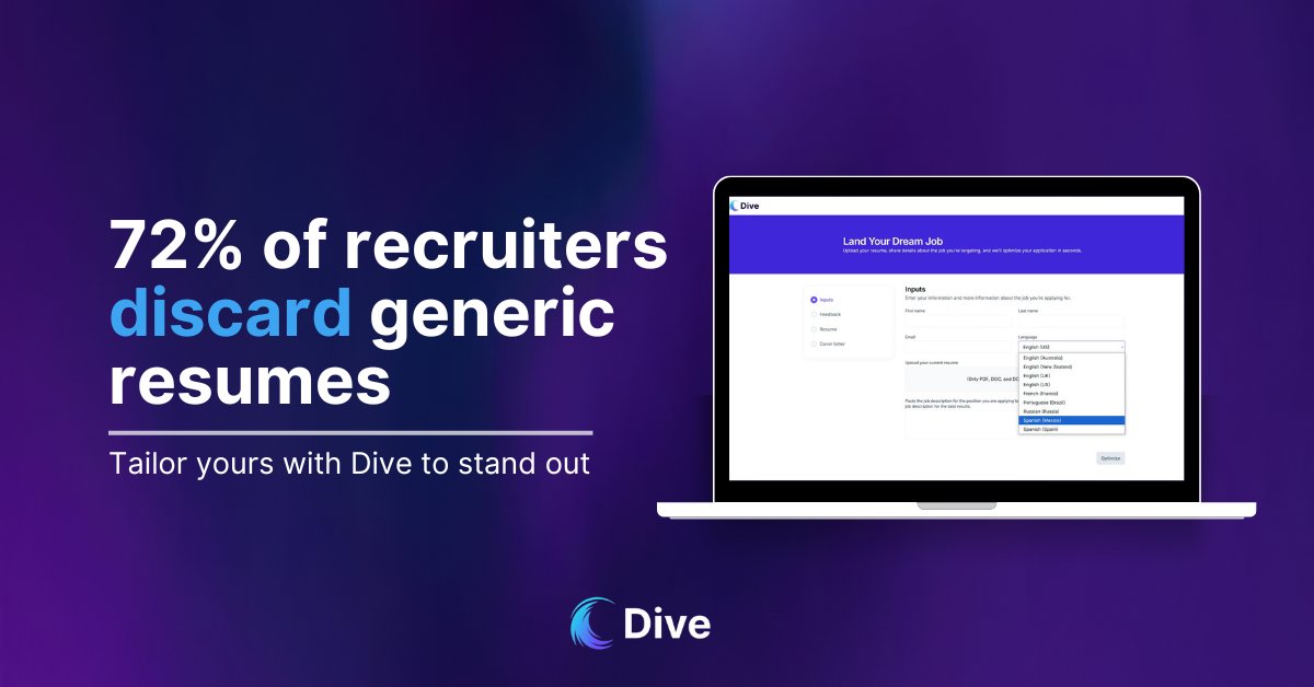 DiveTalent's tweet photo. 72% of recruiters discard resumes that aren’t tailored to the job.

Mass applying won’t cut it. Dive optimizes your resume to help you stand out for the job you want.

Try it here → https://t.co/2hnlVUfkl5 https://t.co/MH7MvVdfSe