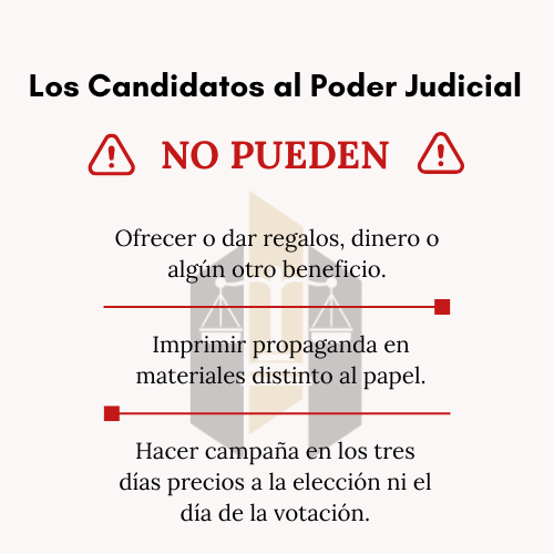 DespachoRq's tweet photo. ¿Qué no pueden hacer las candidaturas durante las campañas para la elección del Poder Judicial?

A continuación te dejamos puntadas las cosas que NO SE PUEDEN. https://t.co/Am5wJ1X8OS