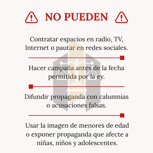 DespachoRq's tweet photo. ¿Qué no pueden hacer las candidaturas durante las campañas para la elección del Poder Judicial?

A continuación te dejamos puntadas las cosas que NO SE PUEDEN. https://t.co/Am5wJ1X8OS